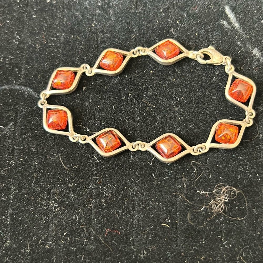 Vintage Amber Silver Bracelet jewel accessory Fossil charm stone diamond design